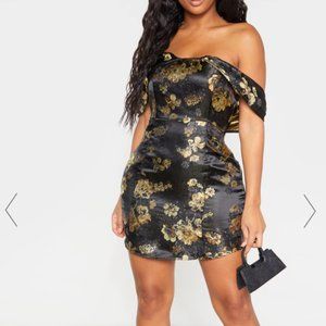 SHAPE BLACK FLORAL BARDOT BODYCON DRESS